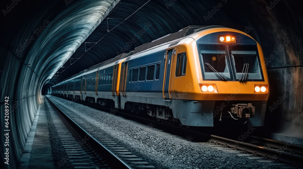 Naklejka premium Subway, A train travels through a tunnel.