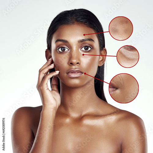 Skincare, pointer and portrait of woman for wrinkles, acne problem or closeup of spots or zoom of cosmetics texture, Magnifier and model with glow, beauty or dermatology results on a white background