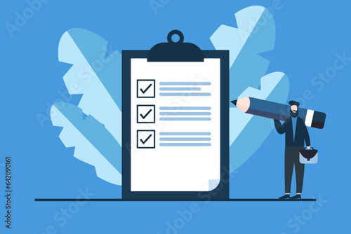 business people survey concept. businessmen with pencils filling in a form or answering questions checklist on a clipboard paper. Successful completion. Making Decisions and Research. survey concept. 