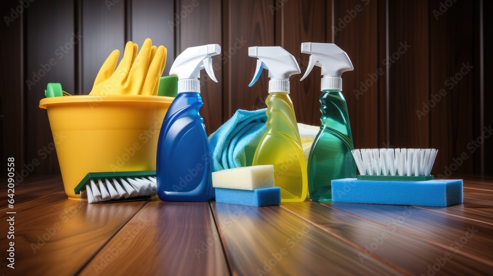 Cleaning tools and products on floor, Showcasing a cleaning company services. Cleaning tools and products on floor, Showcasing a cleaning company services.