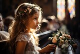 little girl with first communion dress on church