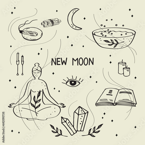 New Moon Rituals hand drawn vector illustration mystical motif. Doodle meditating woman, crystals, moon, stars, bath, Santo Palo aroma, candles. Lifestyle,change, customs, yoga, spiritual. For design