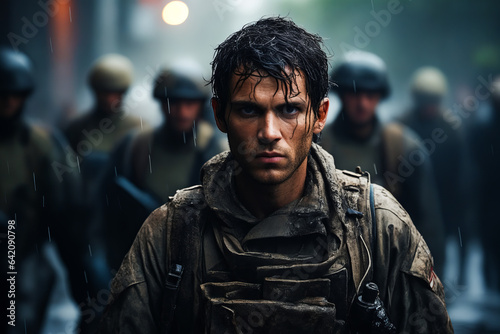 Man in military uniform is walking in the rain with other men.