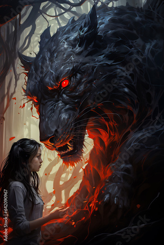 Woman standing next to black wolf with red eyes and red eye.