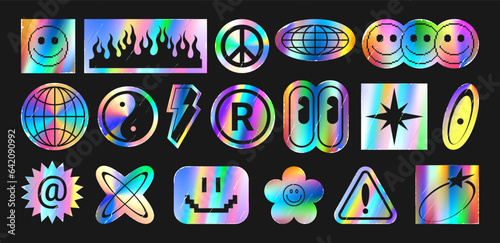 Set of holographic retro futuristic stickers. Vector illustration with iridescent foil adhesive film with symbols and objects in y2k style. Glued holographic crumpled labels with grunge effect.