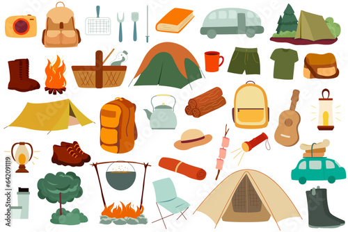  Active recreation concept. Journey . Camping. Summer camp. Flat illustration set