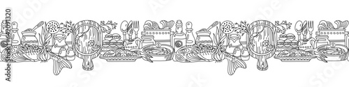 Canvastavla Seamless horizontal border with kitchen utensils and seafood
