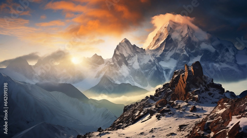Majestic sunrise illuminating snowy mountain peaks. Generative AI.