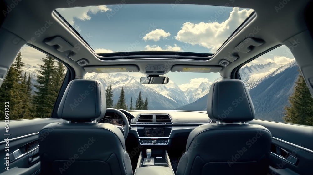 Interior of electric vehicle passenger seat with mountain view, Modern interior of car.