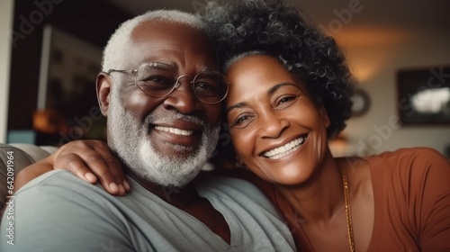Portrait of happy black elderly senior couple at home.