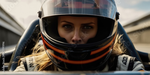 Portrait of a professional woman sports car racer in a helmet driving auto on the track. © visoot