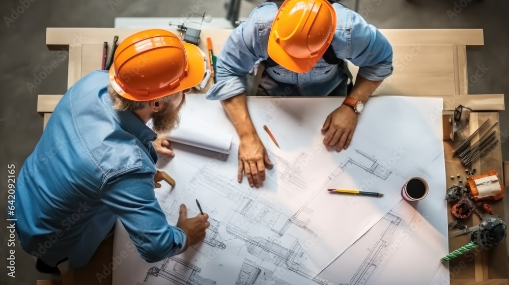 Team architect industrial engineer are planning new construction with blueprint at building construction site. Team architect industrial engineer are planning new construction with blueprint at building construction site.