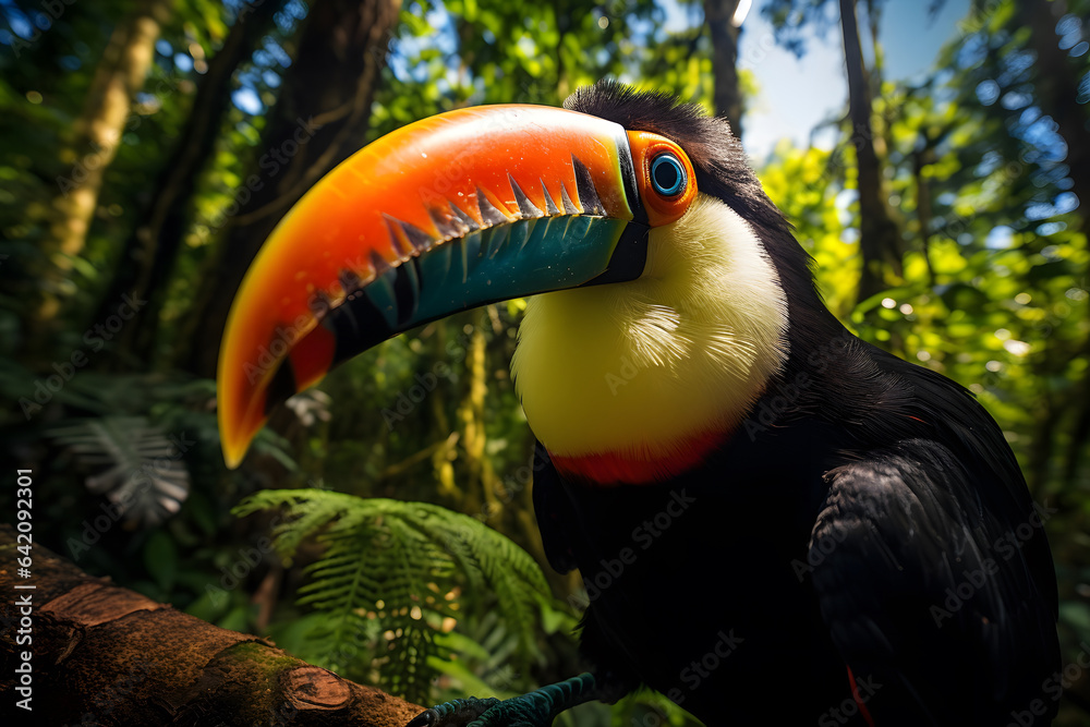Fototapeta premium A colorful toucan is perched on a branch in a tropical rainforest