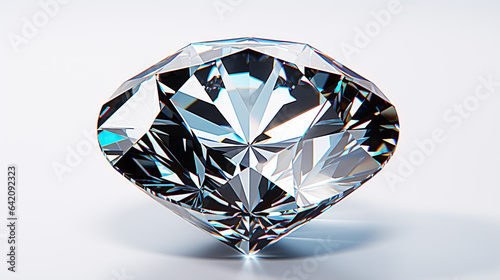 A diamond is displayed on a white surface. 