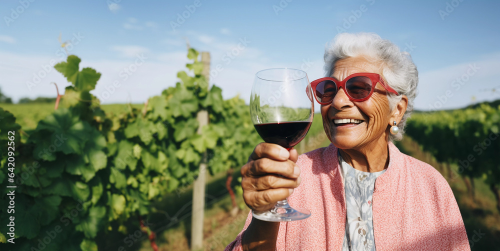 Lifestyle portrait of elderly woman wearing sunglasses and tasting red wine in vineyard Lifestyle portrait of elderly woman wearing sunglasses and tasting red wine in vineyard