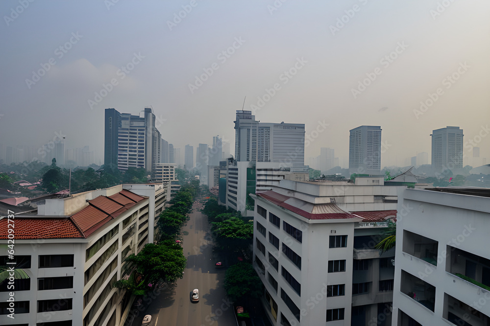 Jakarta city landscape from hotel balcony with air pollution