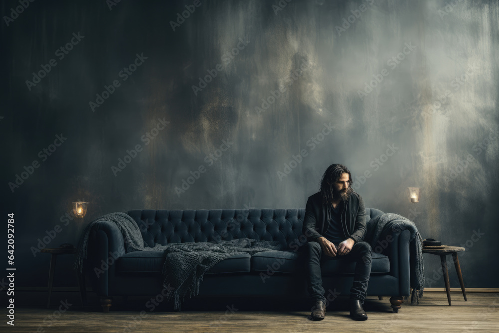 lonely upset man on sofa, loneliness concept. copy space for text lonely upset man on sofa, loneliness concept. copy space for text