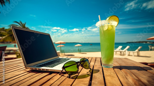 Work in vacation. Horizontal illustration with a laptop, sunglasses and a glass of mojito on a wooden table with the beach on the background. For backgrounds, covers, banners, booklets and more.
