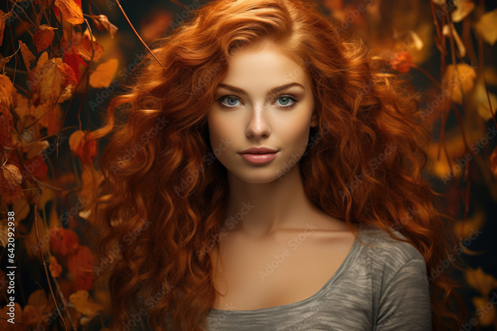 Fototapeta premium Beautiful redhead girl with autumn leaves around
