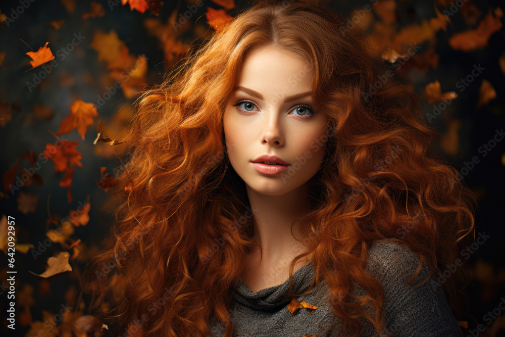 Lovely red-haired girl and autumn leaves