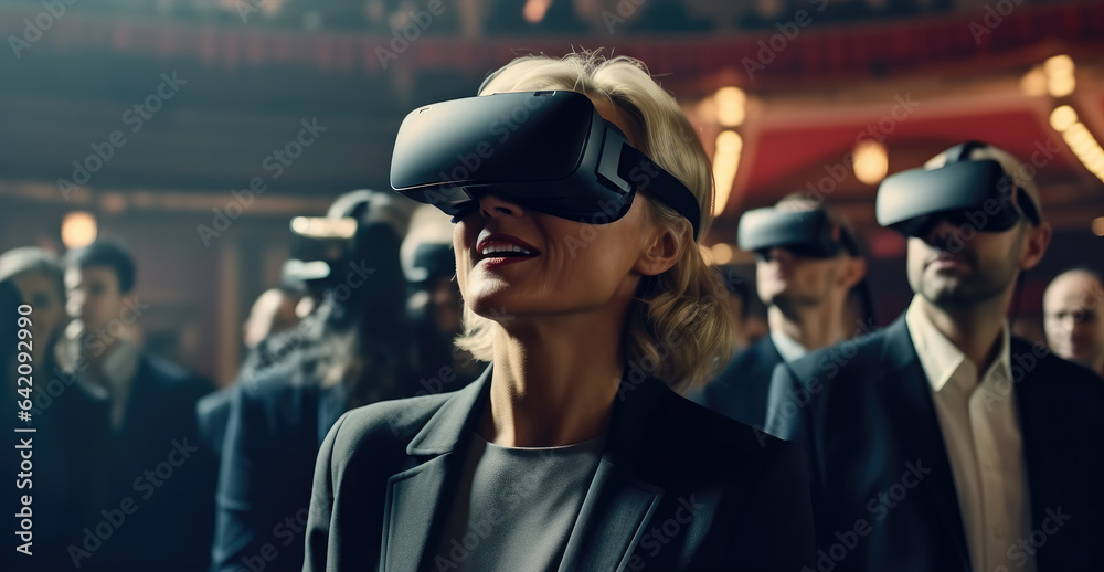 Senior business manager woman attend meeting wearing VR virtual goggle glasses standing in auditorium convention hall, Virtual reality demonstration. Senior business manager woman attend meeting wearing VR virtual goggle glasses standing in auditorium convention hall, Virtual reality demonstration.