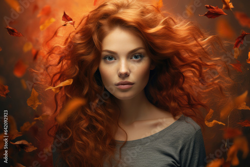 red-haired girl on a background of yellow leaves, the concept of autumn