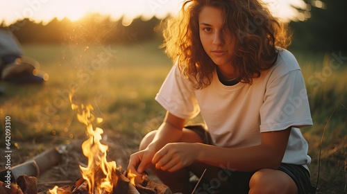 Young woman building a fire at a lakeside, film portrait