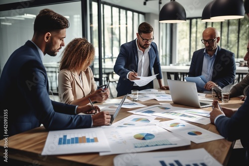 Business people group meeting in office. Professional businesswomen, businessmen, and office workers work in team conferences with project planning documents on the meeting table.