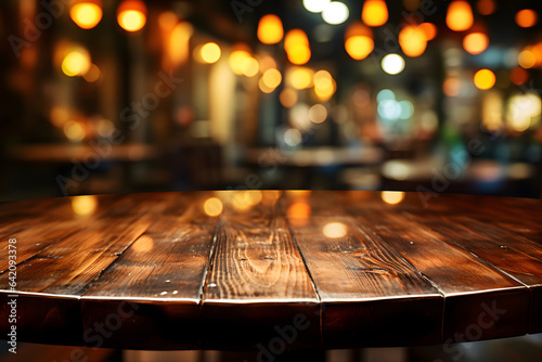 Empty wooden table and pub or bar blur background with bokeh light © Planetz
