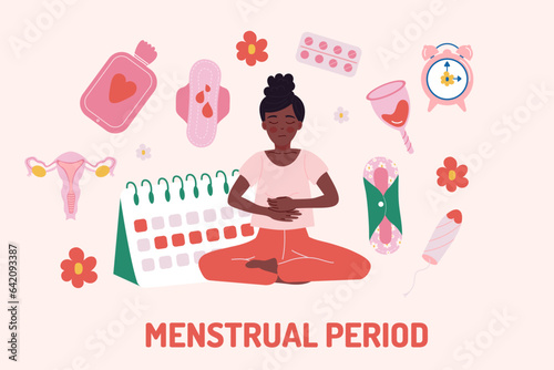 Menstruation period flat design background with African American woman