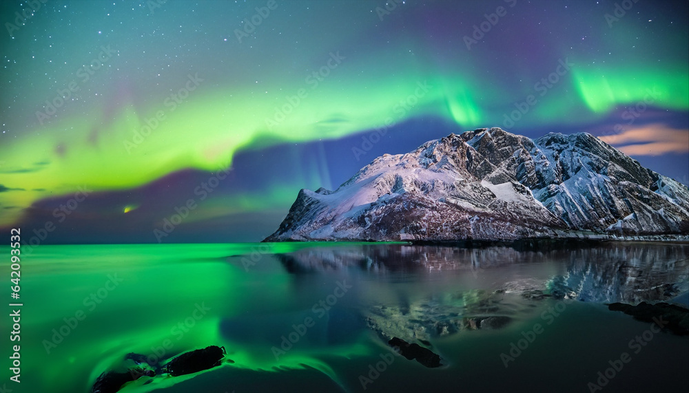 Northern lights and snow covered mountains in Lofoten islands, Norway. Aurora borealis. Starry sky with polar lights and snowy rocks reflected in water. Night winter landscape with aurora, sea