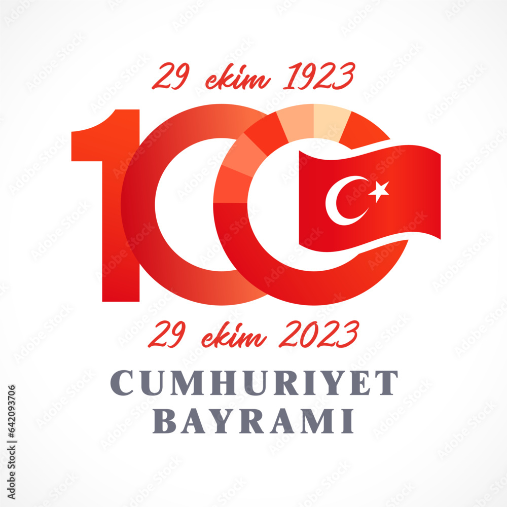 Obraz premium 100 years of Republic Day of Turkey October 29. Creative number 100. Turkish state flag. 100th anniversary 1923-2023 banner. Red design. Social media post. Isolated elements. Graphic illustration.