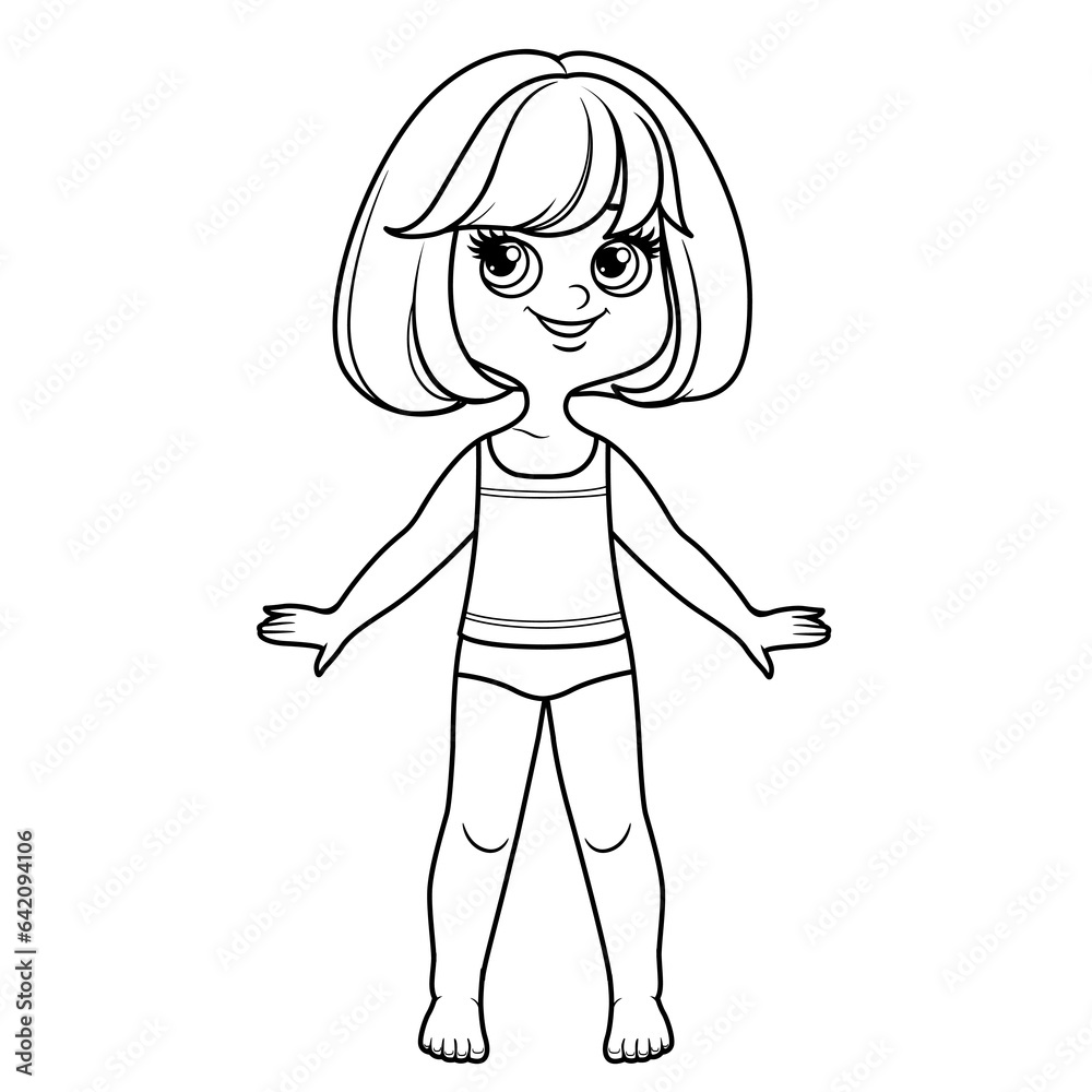 Cute cartoon girl with short bob haircut with bangs dressed in underwear and barefoot with outline for coloring on a white background Cute cartoon girl with short bob haircut with bangs dressed in underwear and barefoot with outline for coloring on a white background