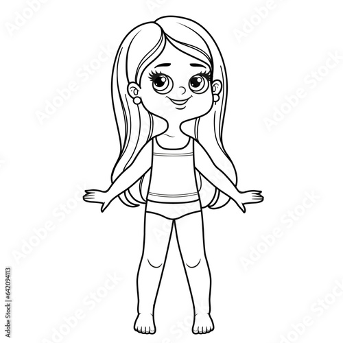 Cute cartoon girl with long haircut dressed in underwear and barefoot with outline for coloring on a white background