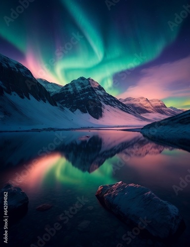 Aurora over beautiful and dynamic snowy landscape