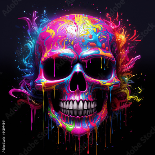 Metal skull in holographic colors neon light