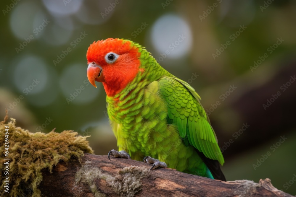 Parrot sits on a branch in the garden in summer