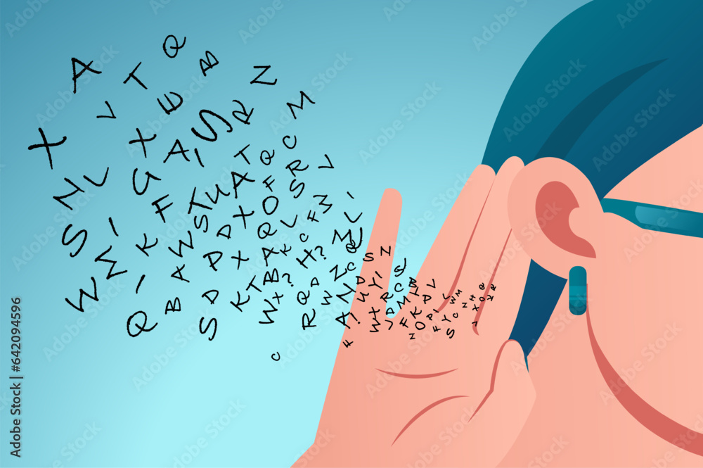 Vector illustration of a woman holds her hand near ear and listens carefully alphabet letters flying in Vector illustration of a woman holds her hand near ear and listens carefully alphabet letters flying in