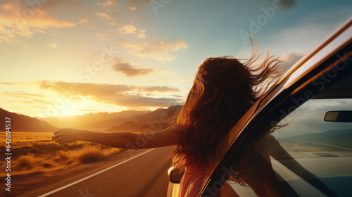 carefree woman sitting in front seat of car, stretching her arm out window and catching glare of setting suset woman travels by car catches wind with her hand from car window.,ai generate