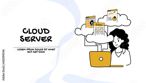 Vector of a young woman working on laptop computer using cloud services
