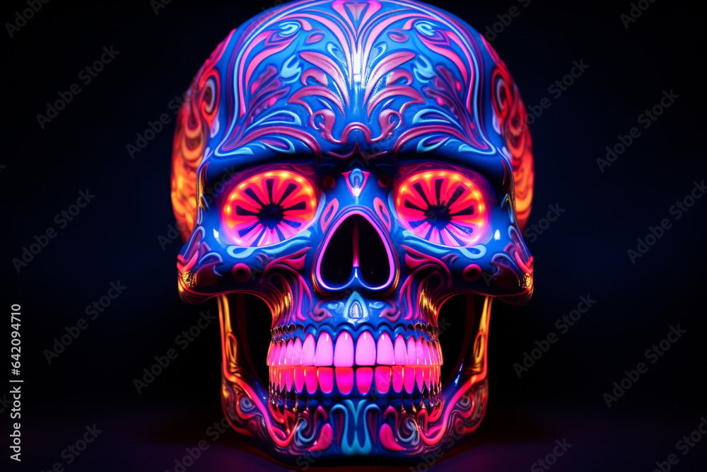 Metal skull in holographic colors neon light Metal skull in holographic colors neon light