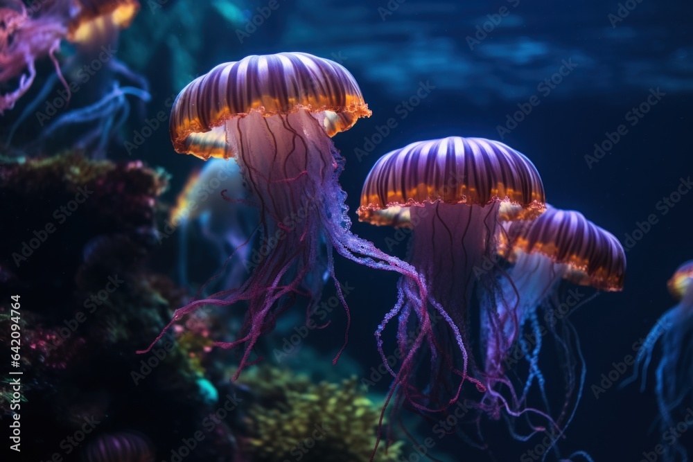 Colorful jellyfish floating in water