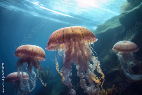 Colorful jellyfish floating in water photo