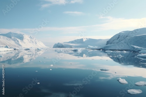 A wide low angle view of melting sea ice floes in still waters 