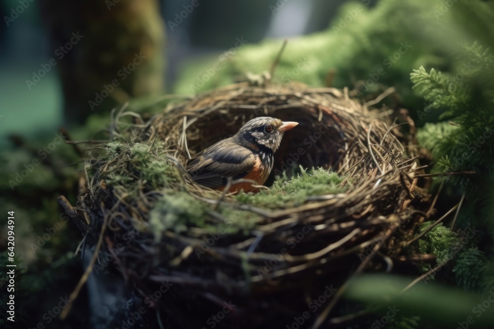 Small bird in the nest on branches tree in the nature