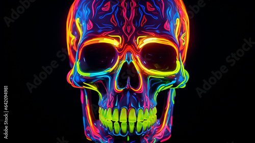 Metal skull in holographic colors neon light