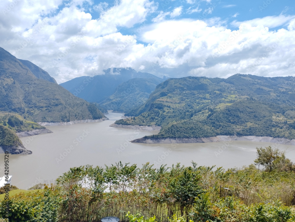 Dam landscape in Colombia, dam in the middle of the mountains 