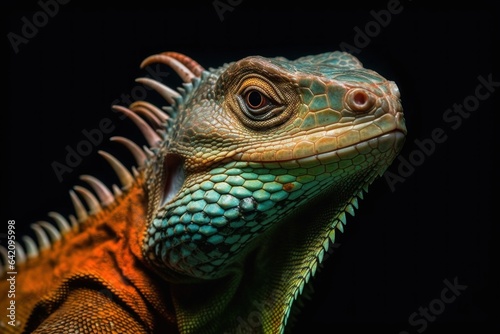 Shy animal  Orange green iguana reptile isolated on black background with reflection