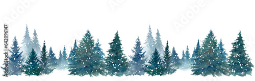 雪降る森林の水彩イラスト。パノラマ風景。シームレスパターン。（ベクター。レイアウト変更可能）