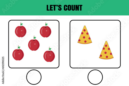 Let's count. Educational math game for kids. Printable worksheet design for preschool or elementary kids.